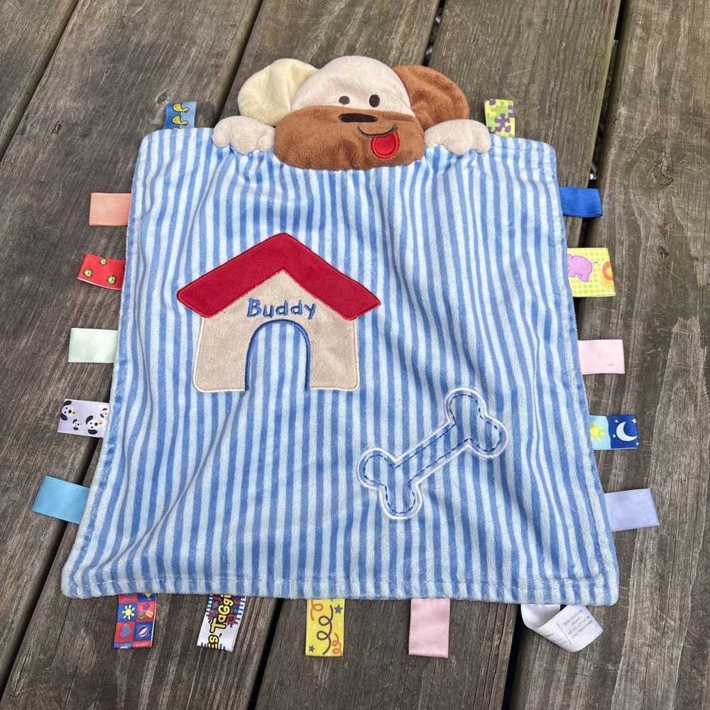 Taggies Peek A Boo Buddy Puppy Dog Baby Blanket Blue Stripe Bone Security Lovey